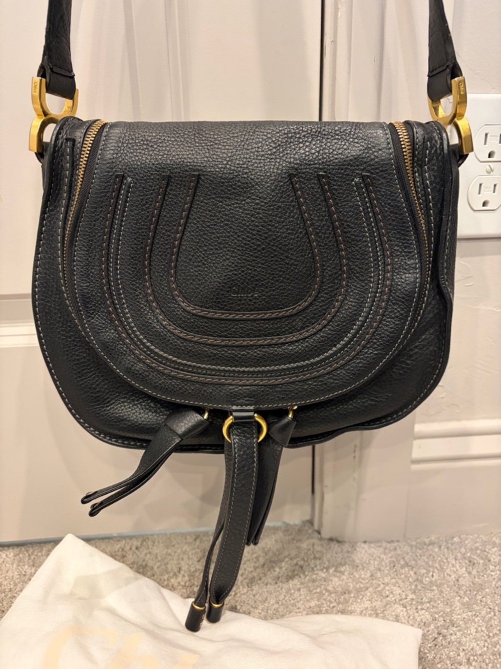 Chloe Marcie zip  Leather Saddle Bag - Black